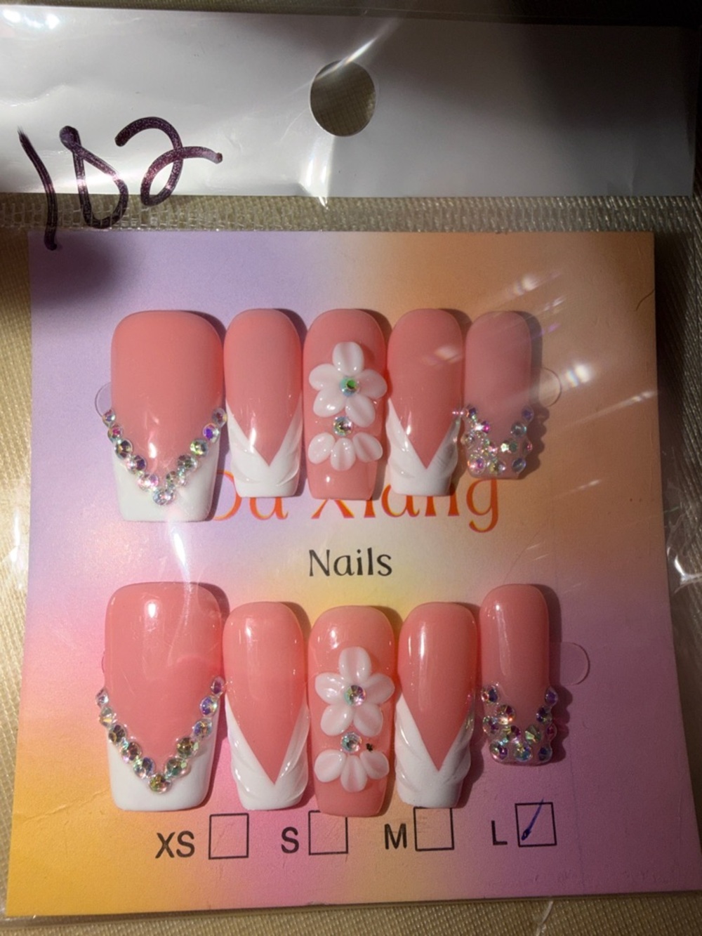 French nails with flower & bling (L) size